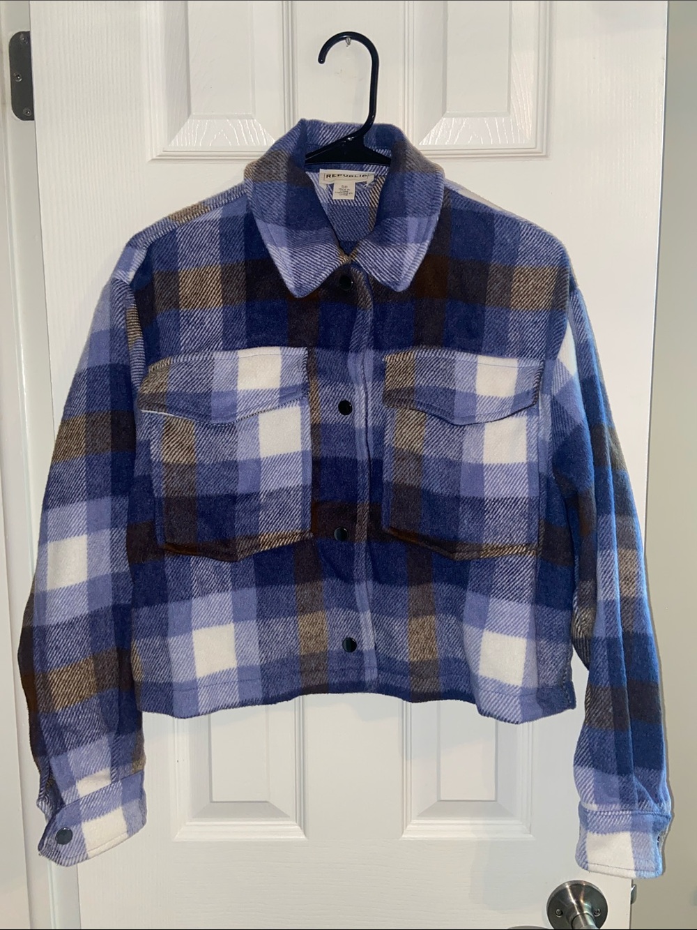 For the Republic Plaid Shacket Jacket Blue Snap Front Cropped Women's Size S